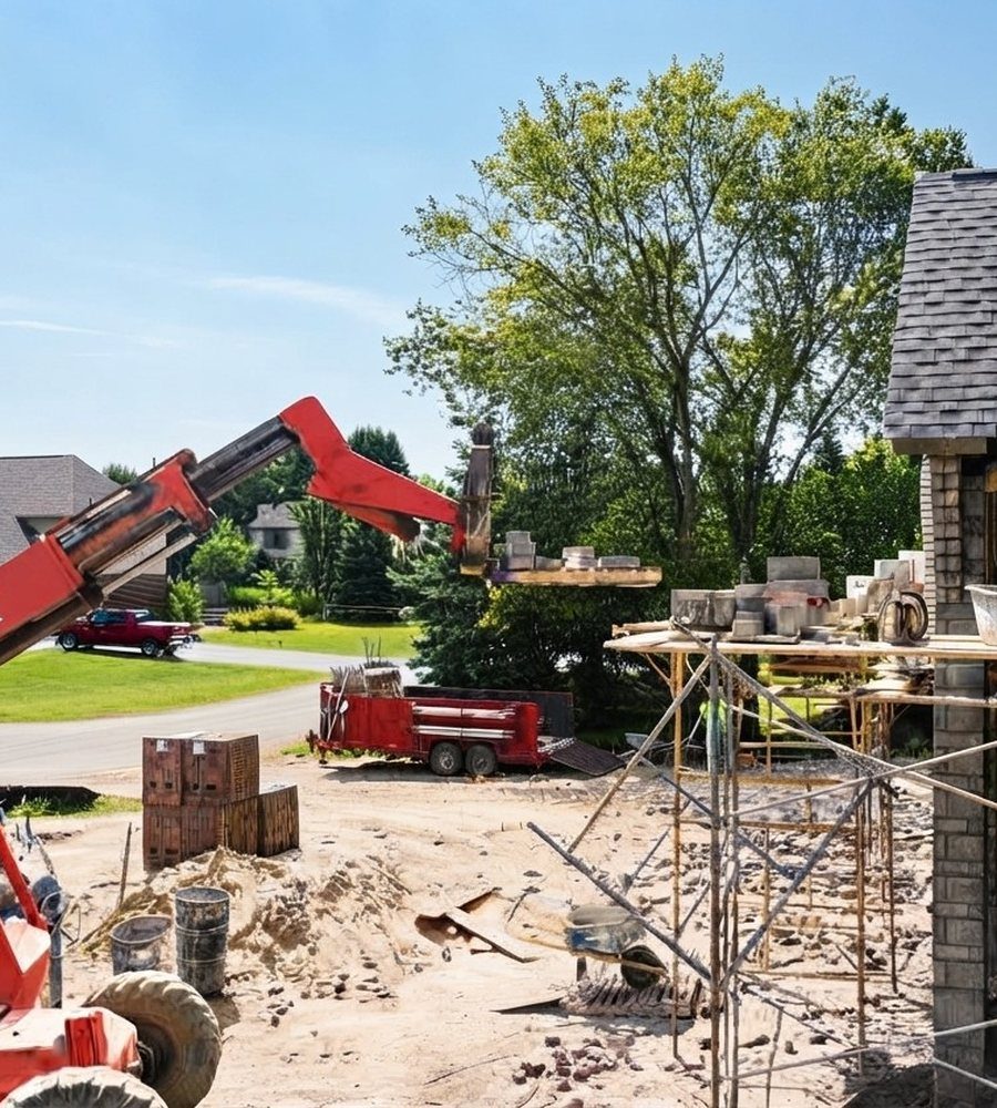 Telehandler lifting masonry to scaffolding at a home under construction