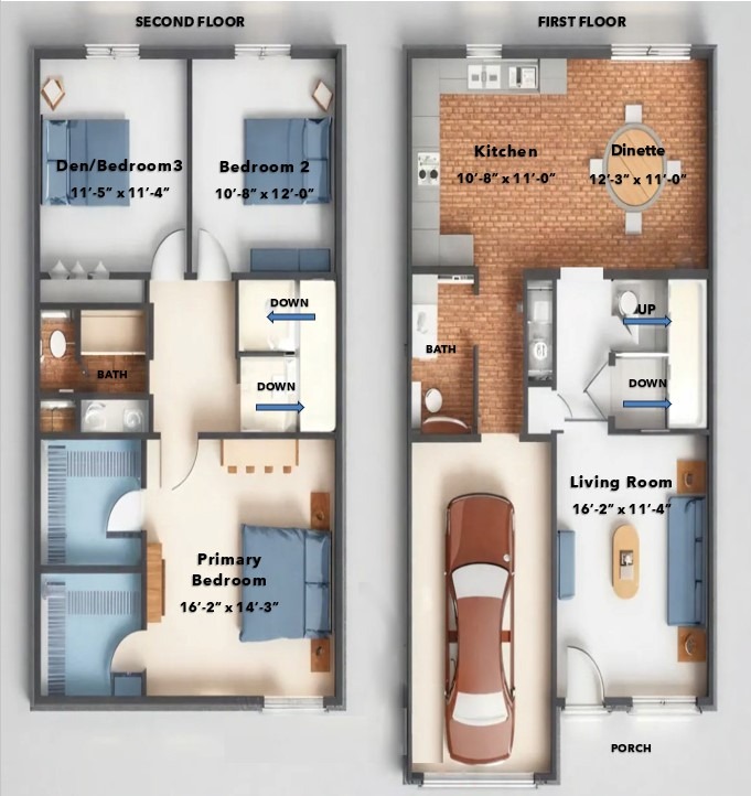 3D floor plan of the Annsbury Drive townhouse with the garage on the left