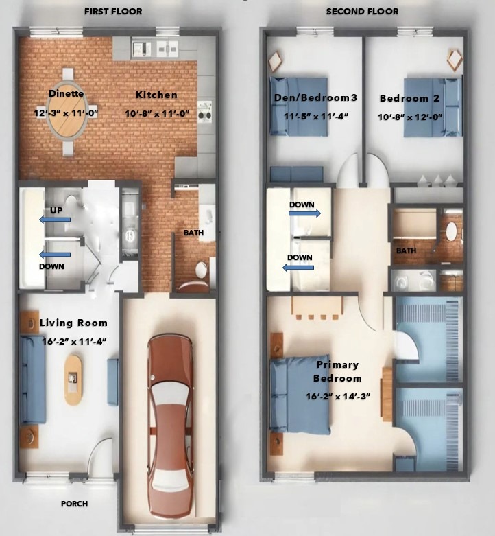 3D floor plan of the Annsbury Drive townhouse with the garage on the right