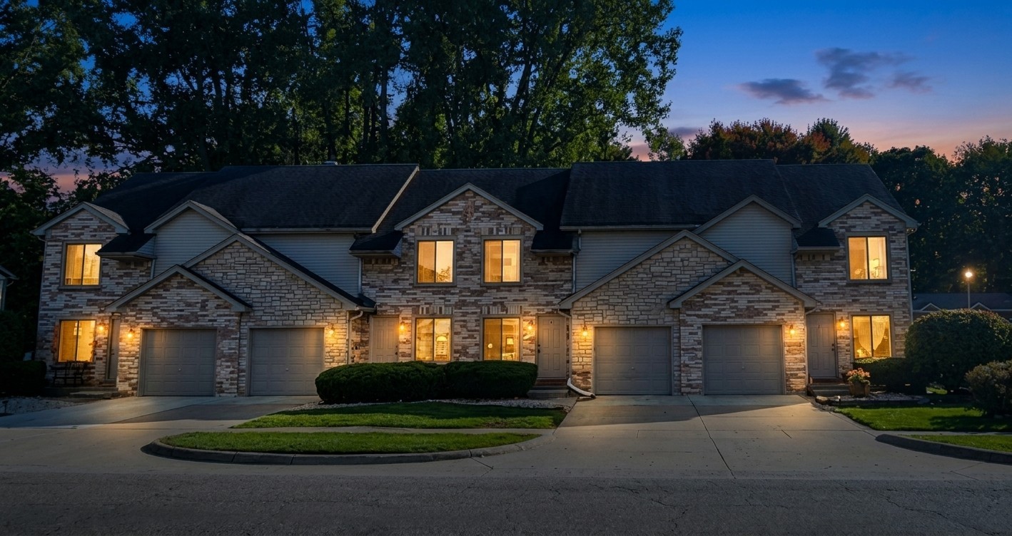 The Annsbury Drive fourplex at twilight with lit windows