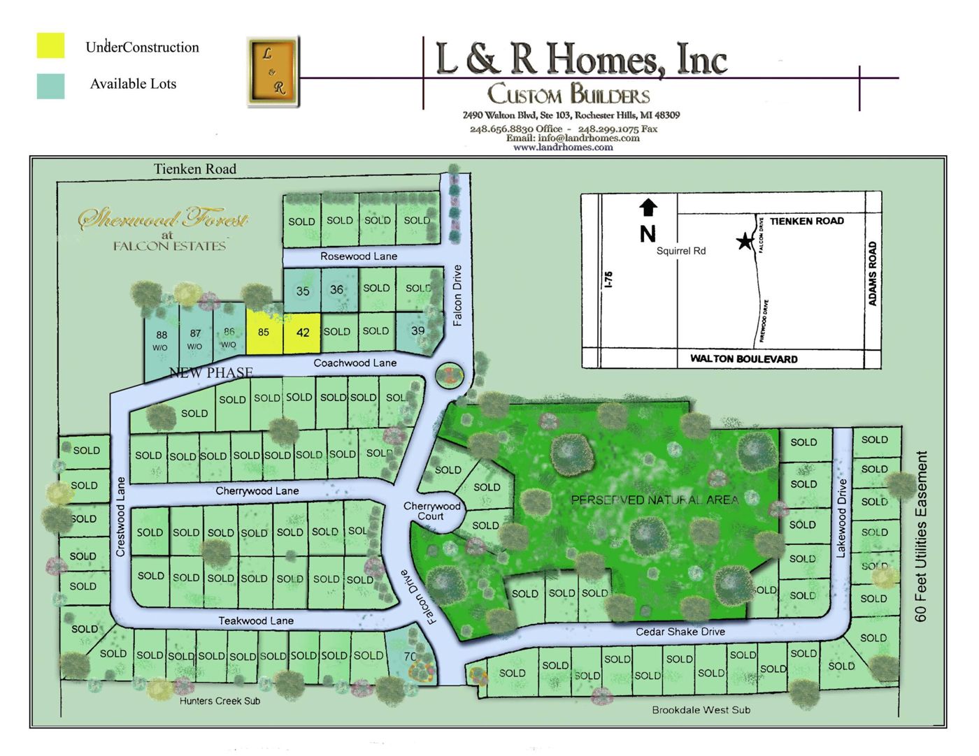 Falcon Estates site plan showing completed construction and available lots