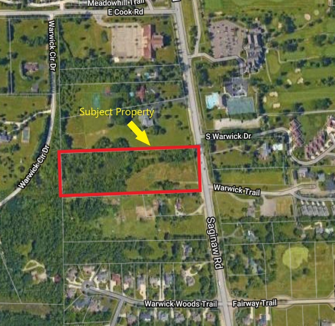 Aerial view of the Grand Blanc property with the parcel outlined in red