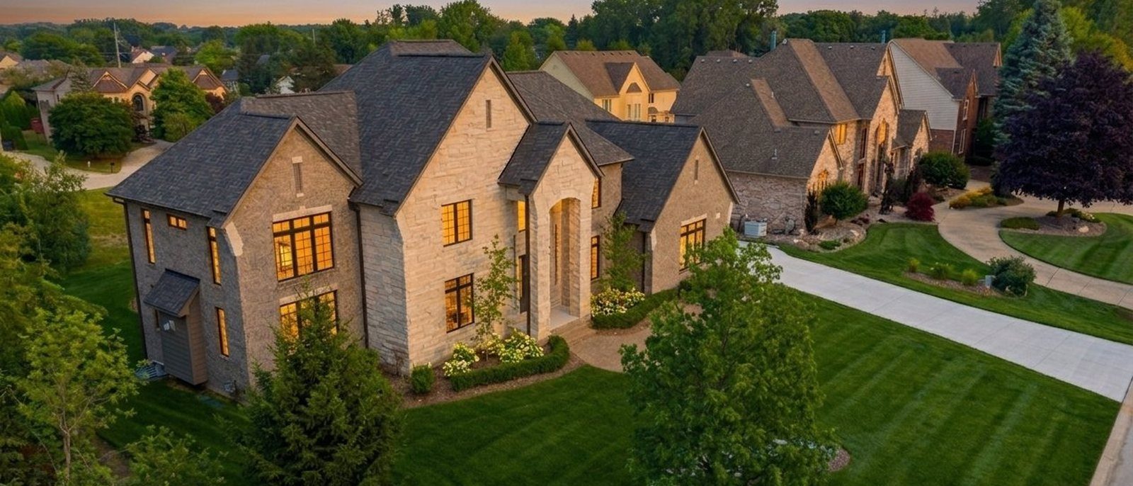 Twilight aerial view of The Grandeur