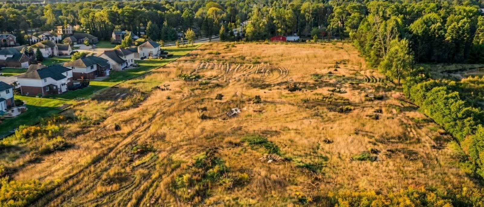 Aerial view of land beside a neighborhood