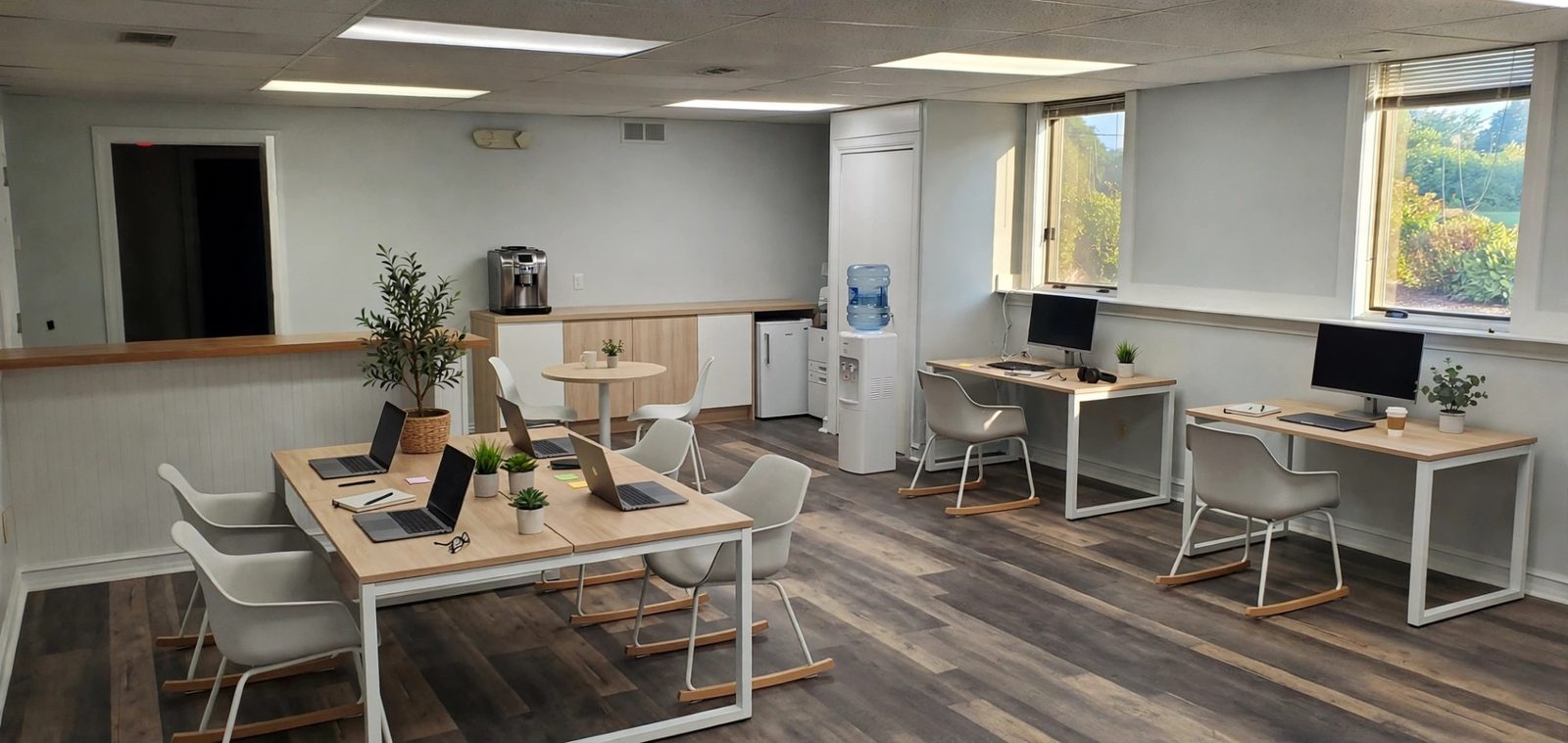 Staged open office workspace at 2490 Walton Boulevard