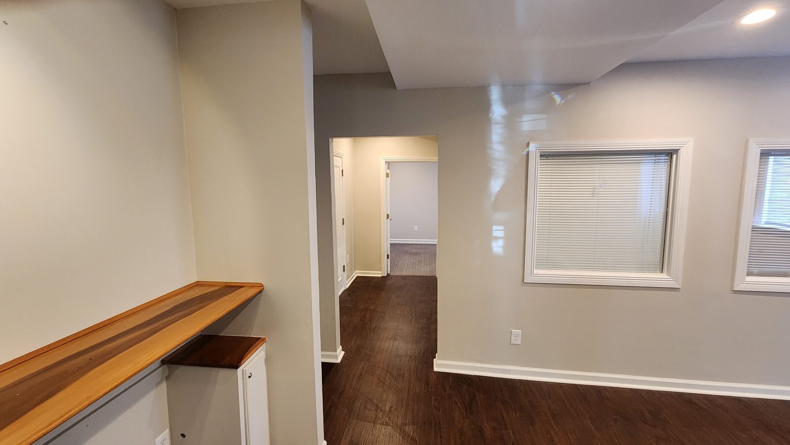 Suite 101 built-in counter with a view toward the hallway
