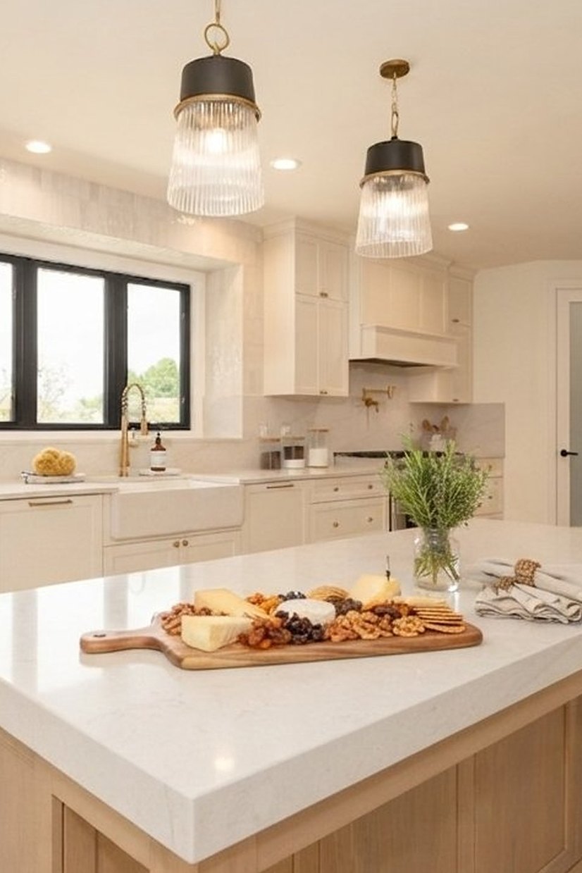 Bright white kitchen with a large island and gold hardware